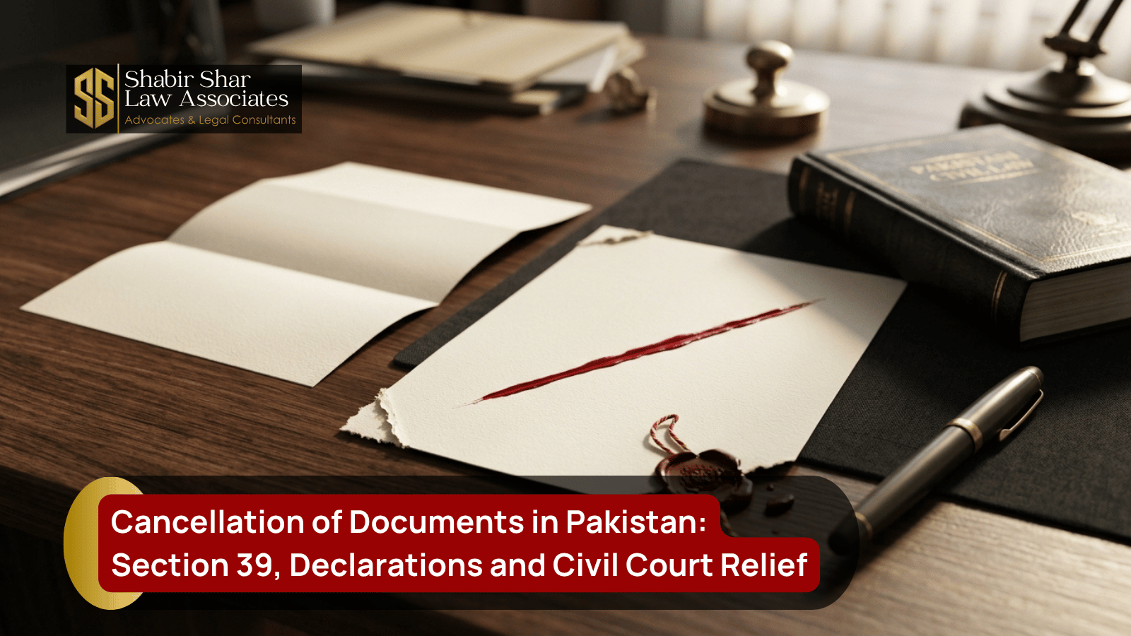 Cancelled legal document and civil court relief concept in Pakistan