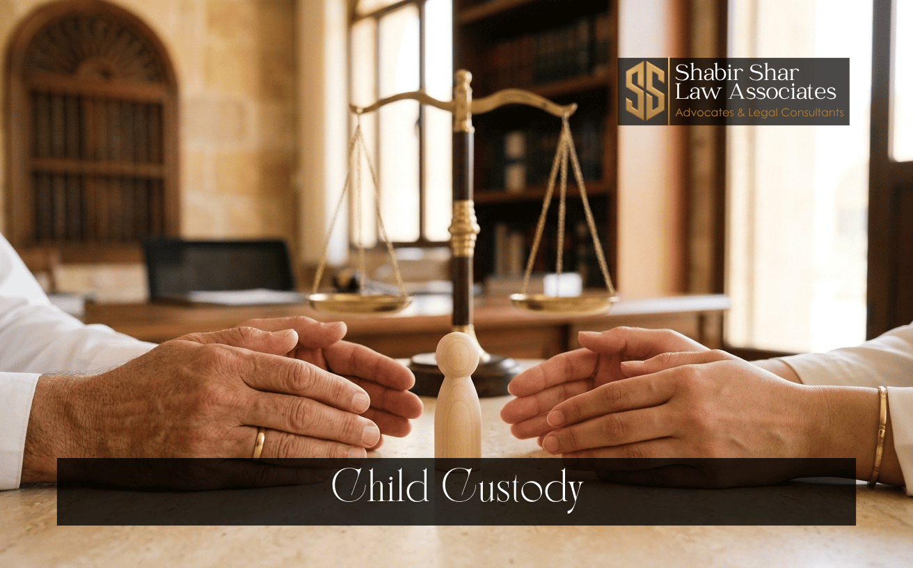 Adult hands surrounding a child figure representing child custody proceedings in Karachi