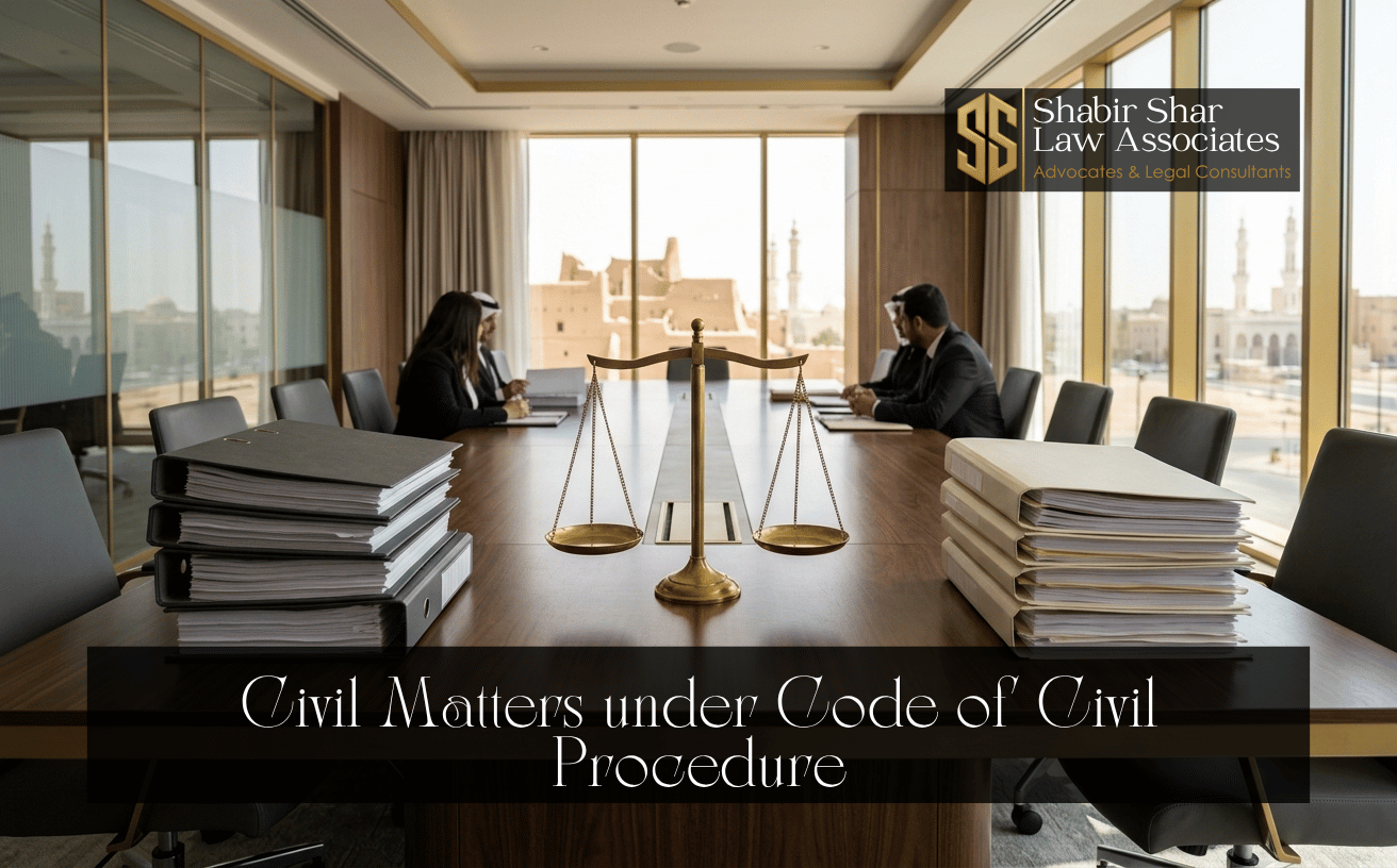 Civil case files and balanced legal scales representing civil suit proceedings in Karachi