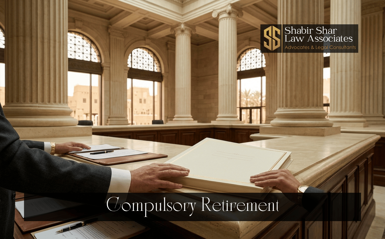 Empty professional office chair and employment file representing compulsory retirement disputes