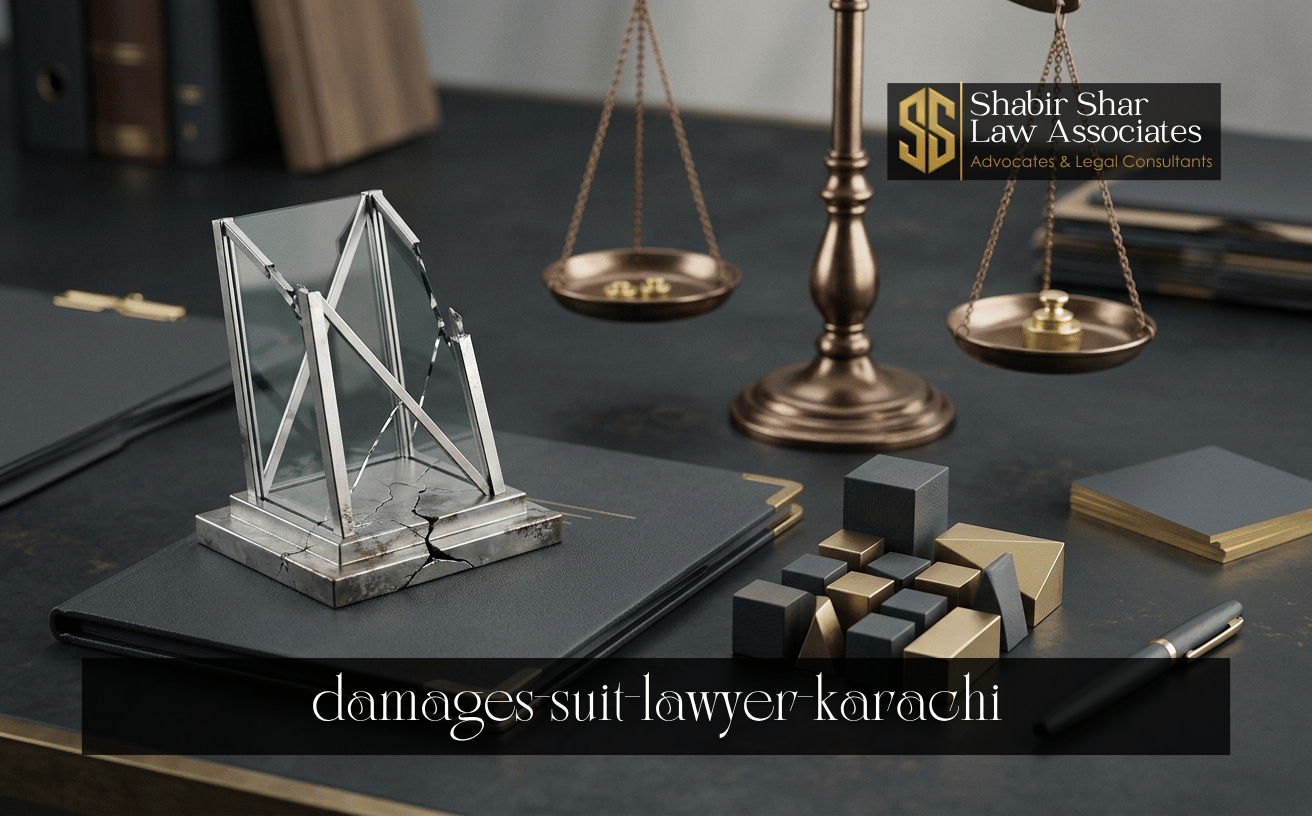Legal assessment setting representing a civil suit for damages in Karachi