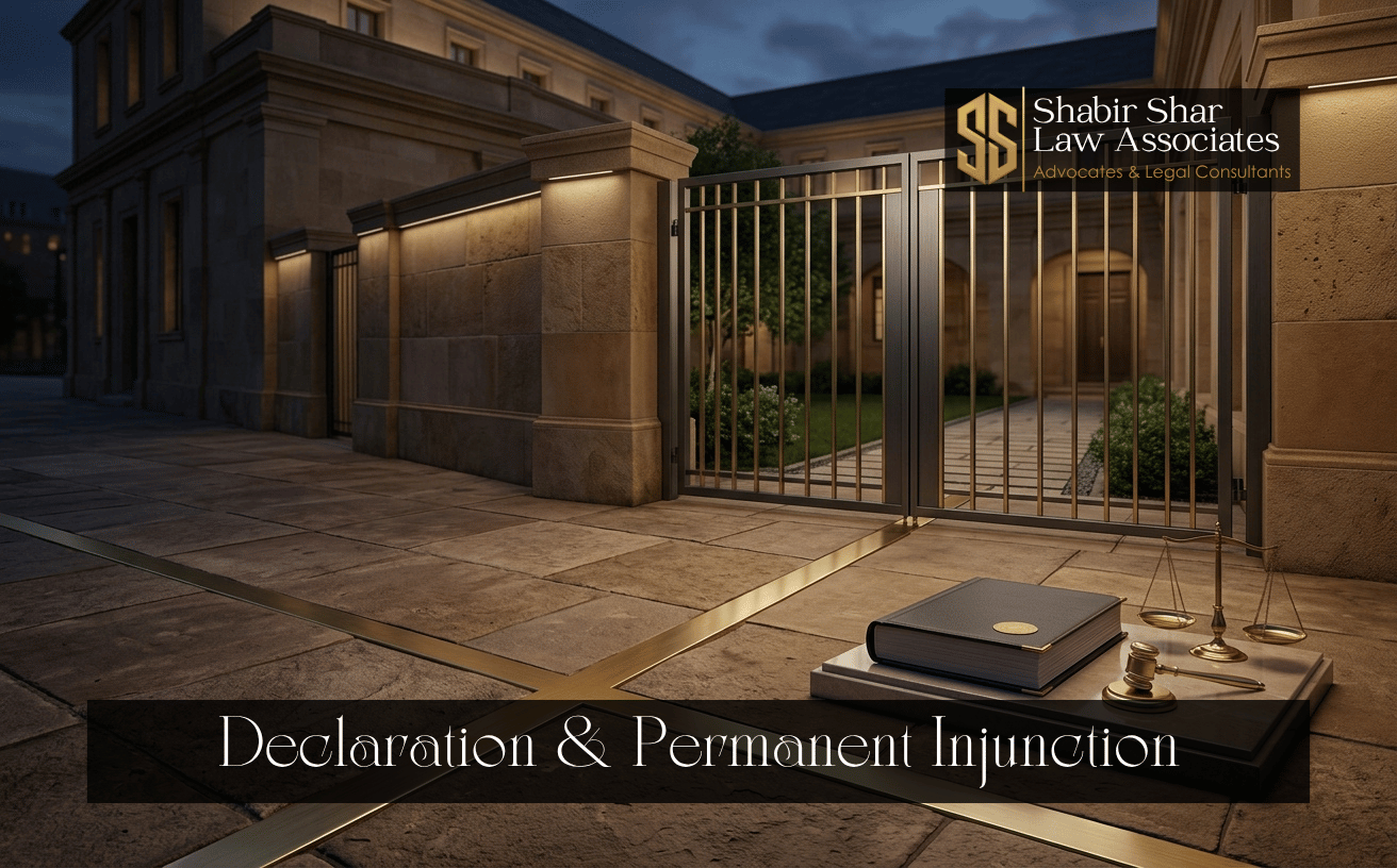 Protected property boundary and legal file representing declaration and injunction proceedings