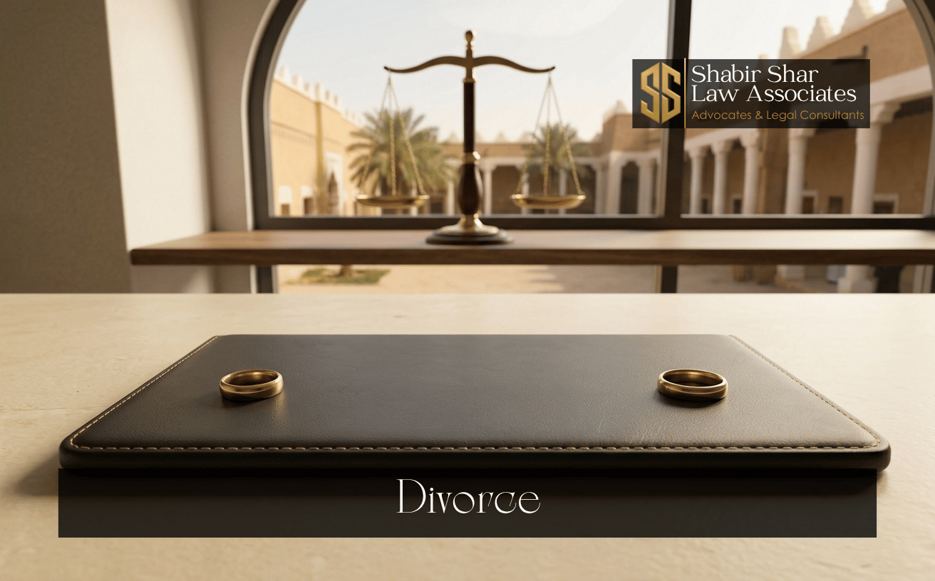 Separated wedding rings and legal file representing divorce legal services in Karachi