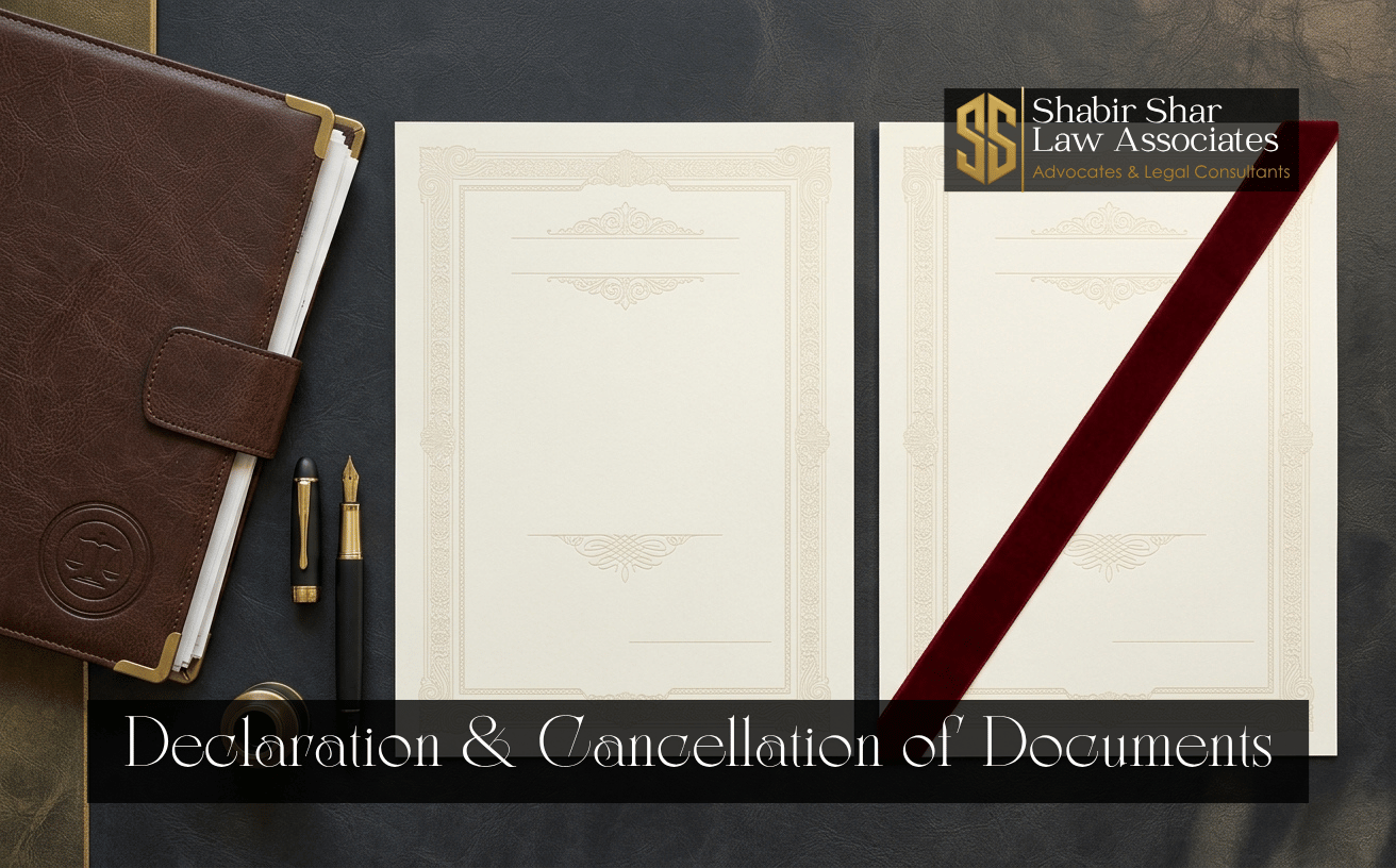 Legal documents arranged for declaration and cancellation proceedings in Karachi