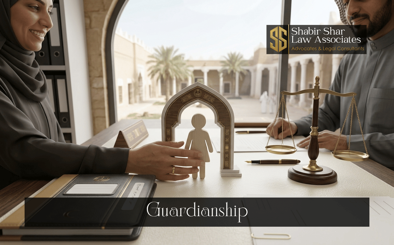 Protective adult hand and child figure representing guardianship legal services in Karachi