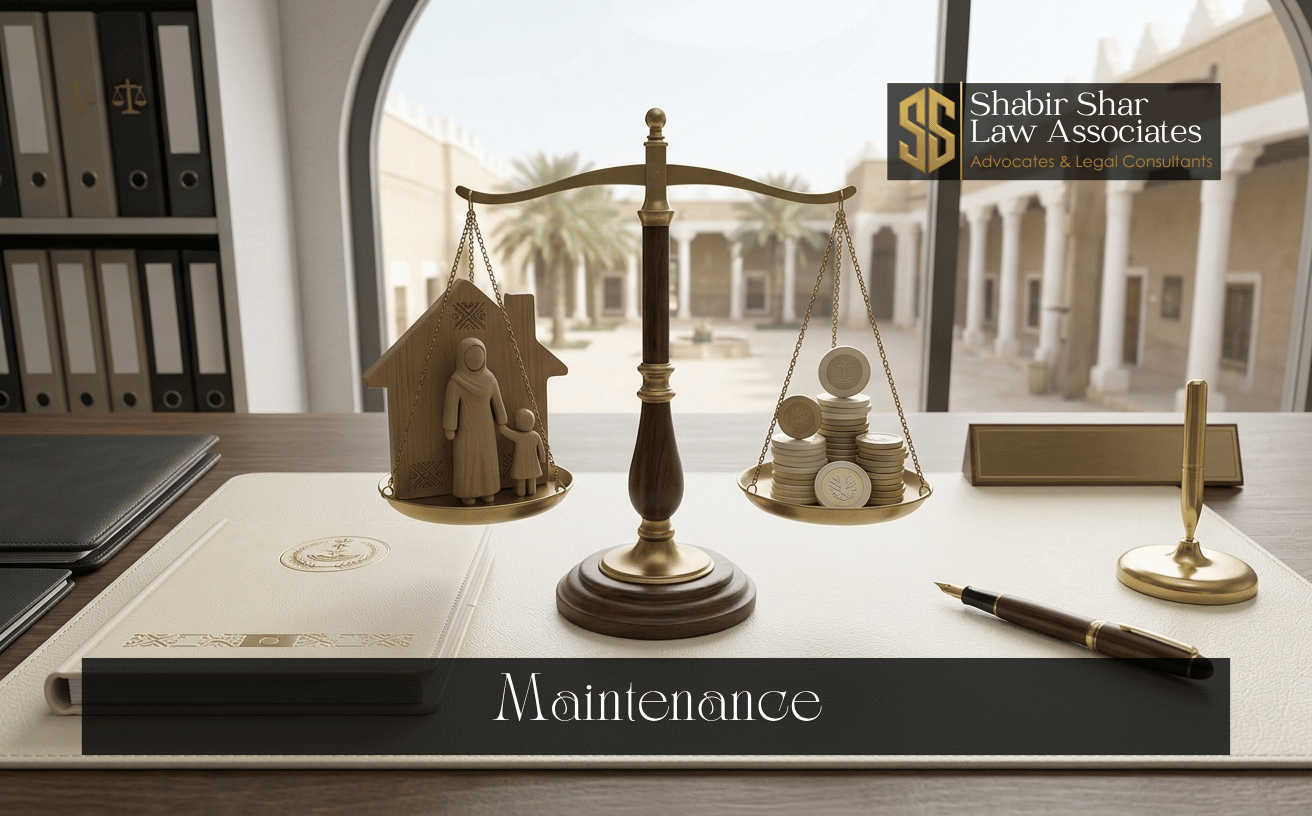 Family support objects and legal scales representing maintenance proceedings in Karachi