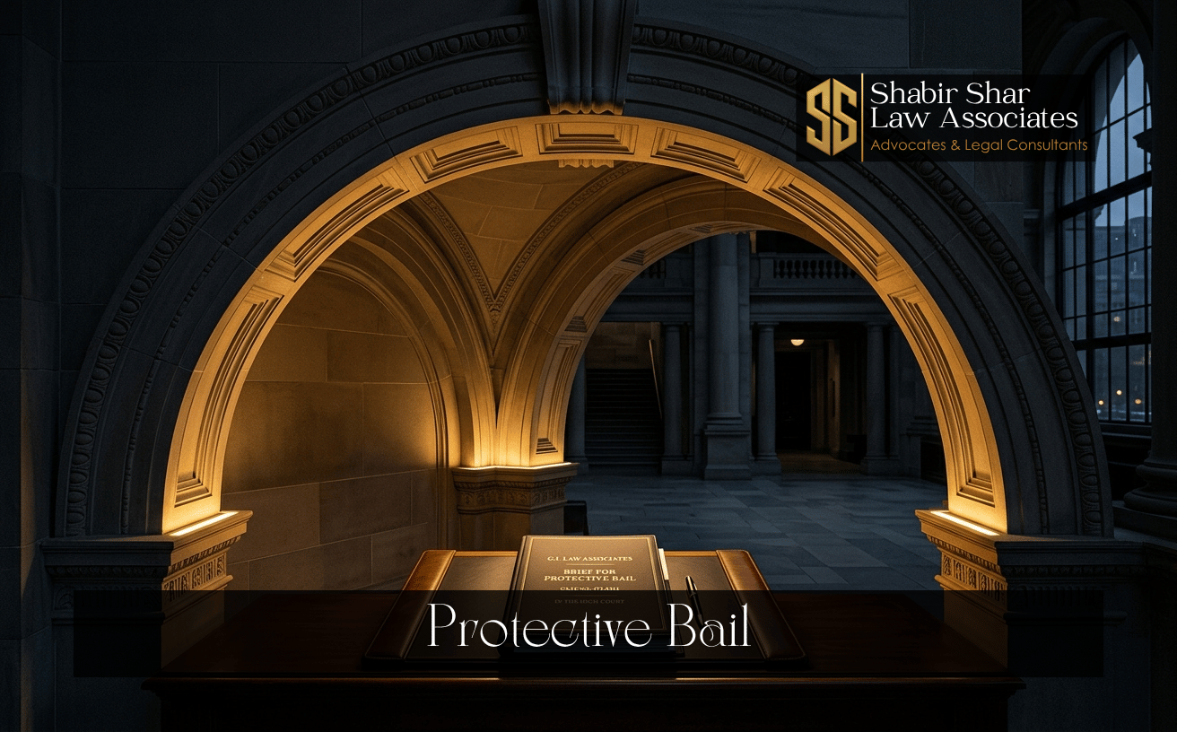 Legal brief beneath a courthouse arch representing protective bail assistance in Karachi