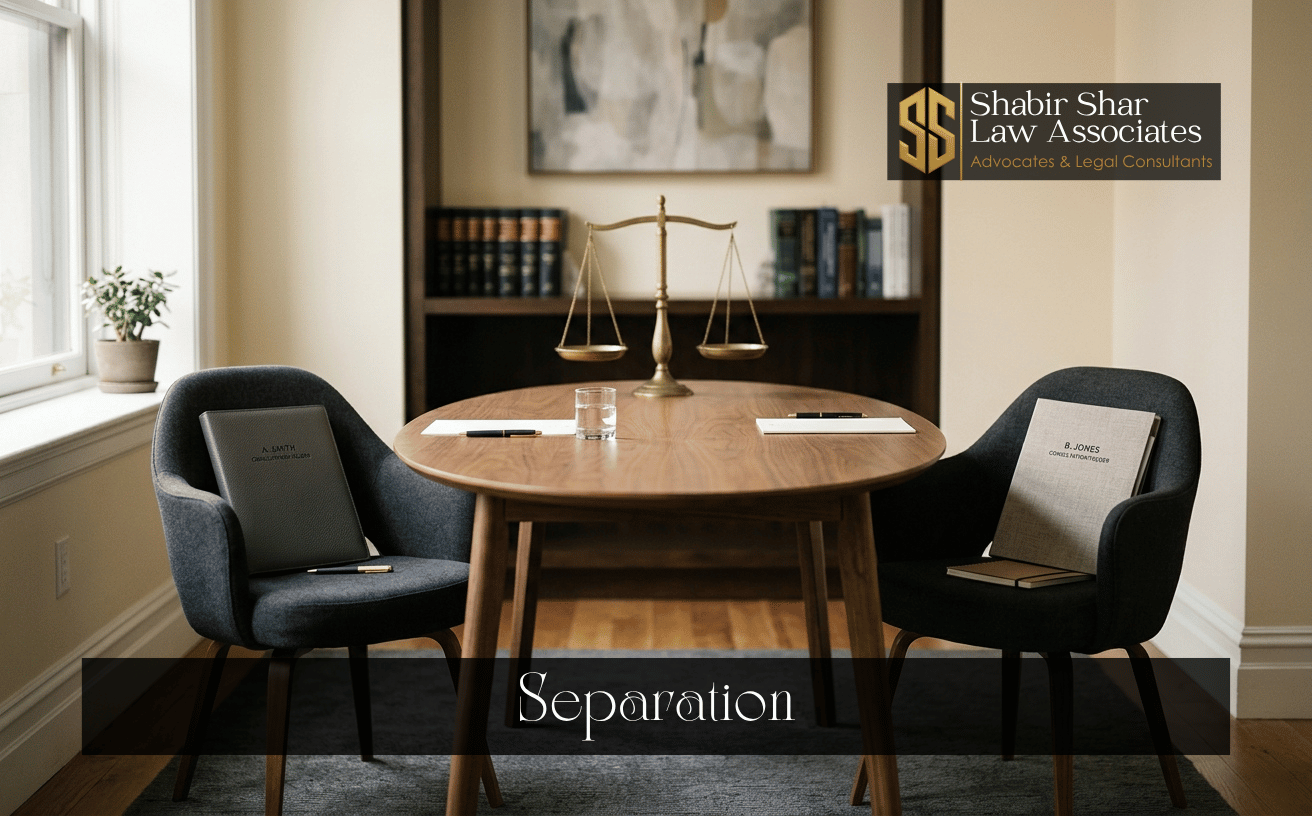 Separate consultation chairs and legal files representing marital separation matters